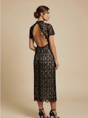 NSR Black Lace Open Back Nude Midi Dress Wedding Guest Cap Sleeve Cocktail Sexy